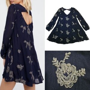 Free People Austin Navy Blue Mini Dress / Tunic with embroidered flowers